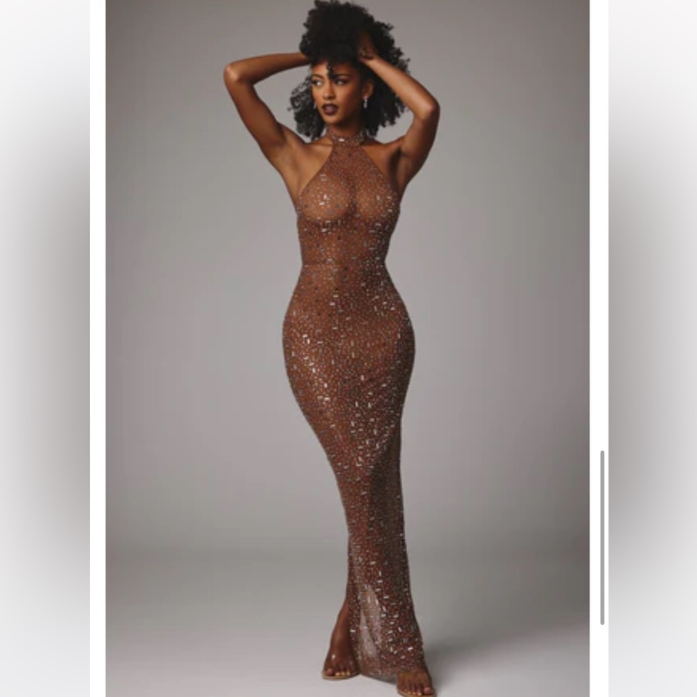 Sheer Embellished High Neck Evening Gown in Mocha size 4